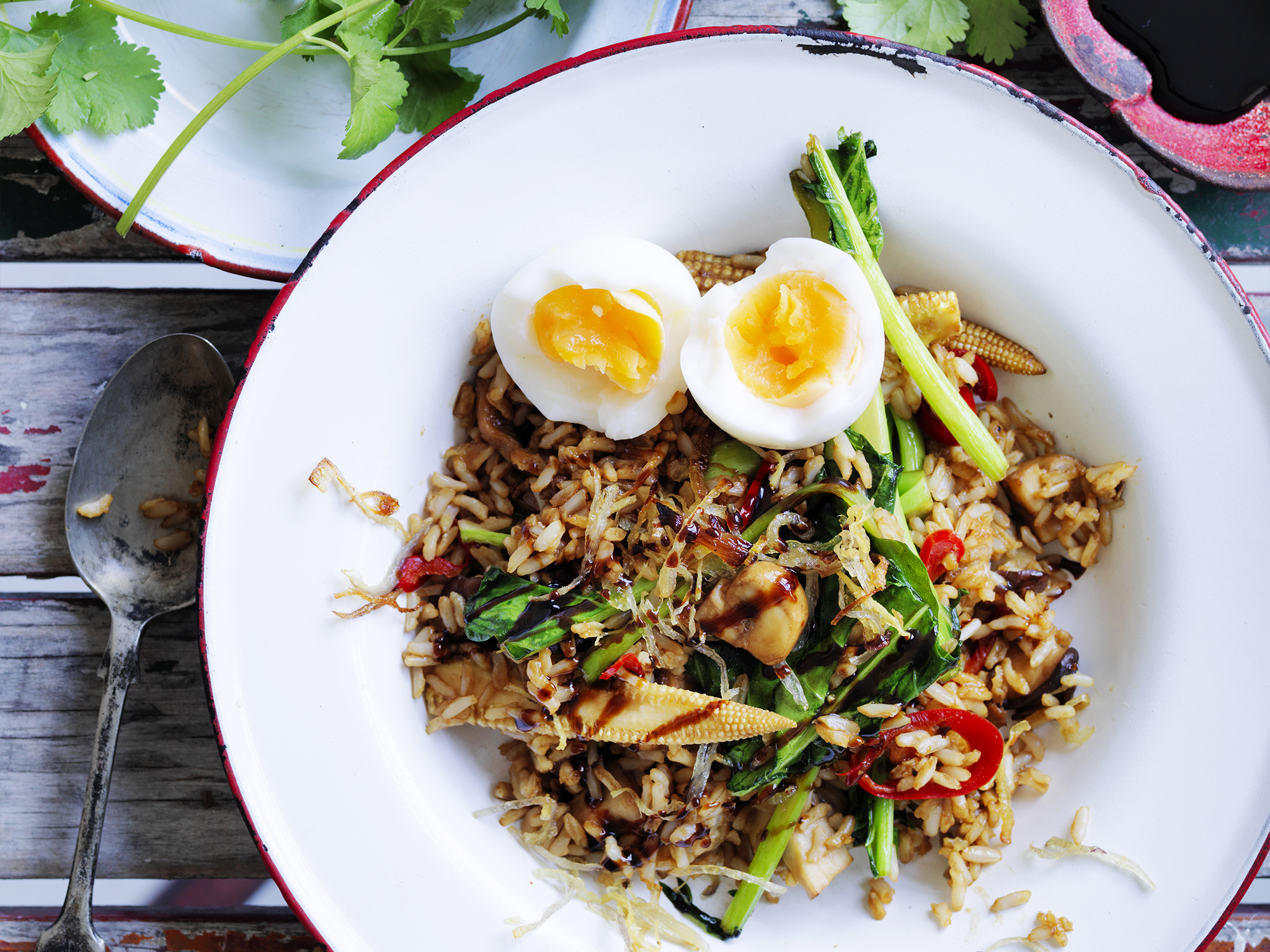 Soft-boiled egg and brown rice nasi goreng