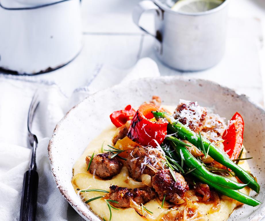 Sausages, capsicum and soft polenta