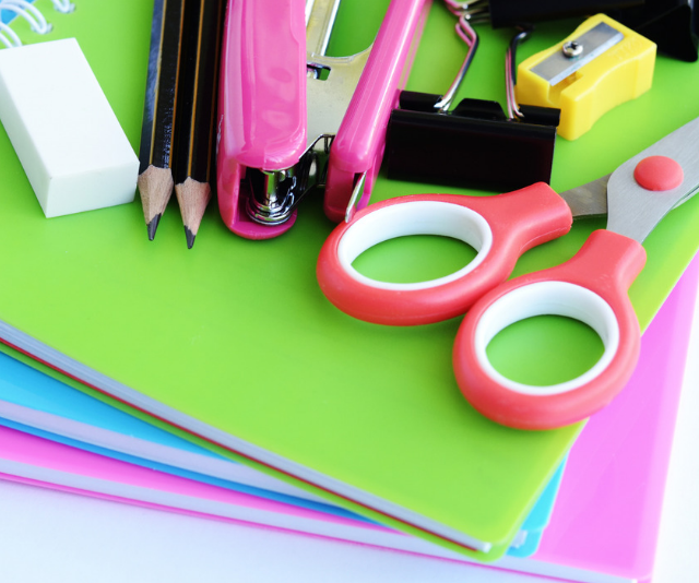 Colourful school stationery supplies for back to school.