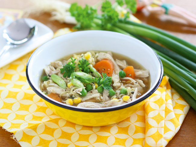 Colourful bowl of chicken noodle soup showing fresh vegies