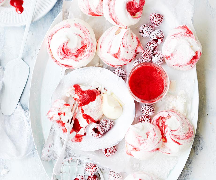 Rosewater and raspberry swirl meringues