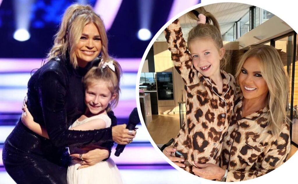 Sonia Kruger hugs daughter Maggie on the set of Dancing with the Stars; Maggie and mum dress in matching leopard print PJs