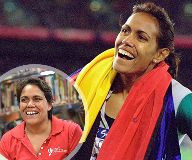 Cathy Freeman during the Olympics wearing the Australian Aboriginal flag around her shoulders, and inset at the launch of her kids' book