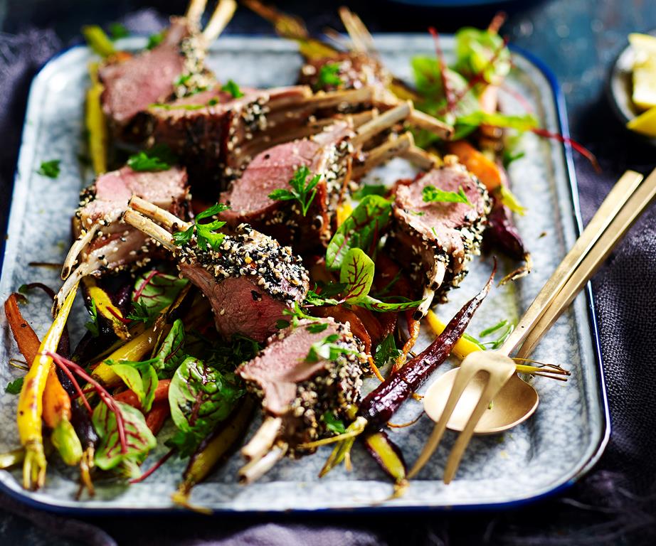 Spice-crusted lamb racks and roasted carrots