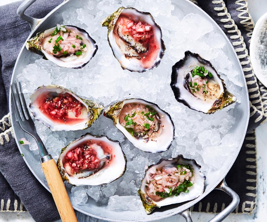 Oysters with pink & green mignonette dressings