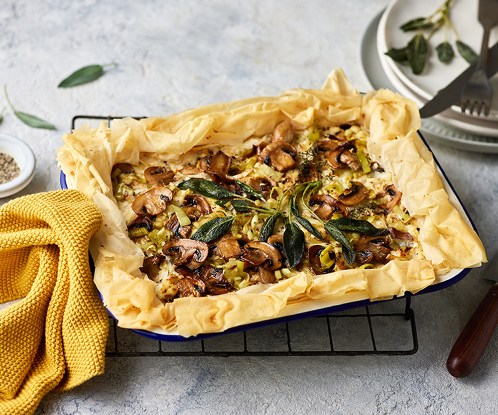 Mushroom, sage, and ricotta crispy filo tart.