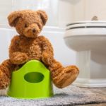 Teddy bear sitting backwards on a potty in a bathroom