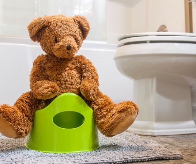 Teddy bear sitting backwards on a potty in a bathroom