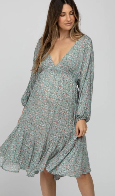 PINK BLUSH MATERNITY Sage V-Neck Floral Handkerchief Maternity dress