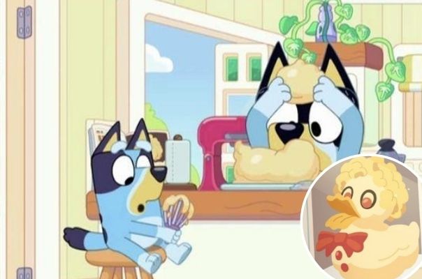 Bluey and dad Bandit with an instead of the AWW Duck Cake