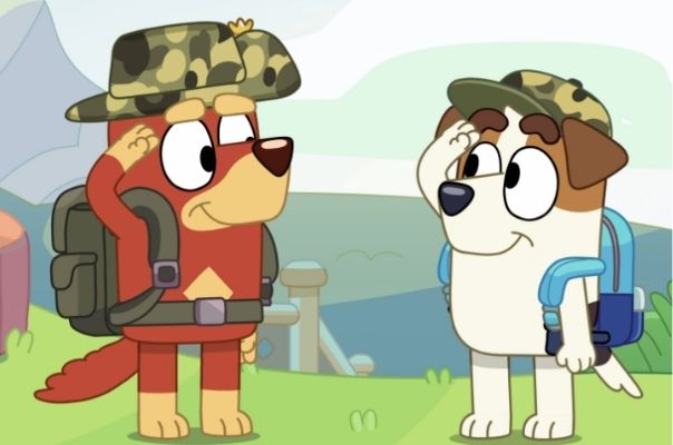 Cartoon image of Bluey's friends at an outdoor scavenger hunt