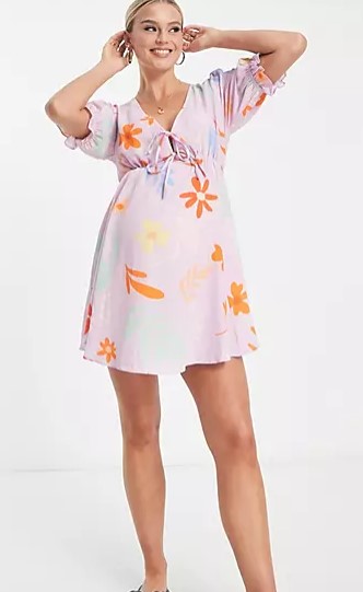 Maternity tie front tea dress with godets in lilac floral