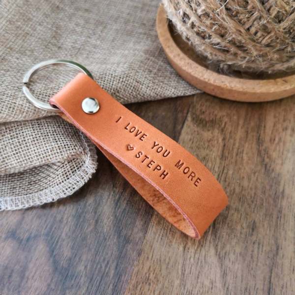 Personalised I love you more leather keyring