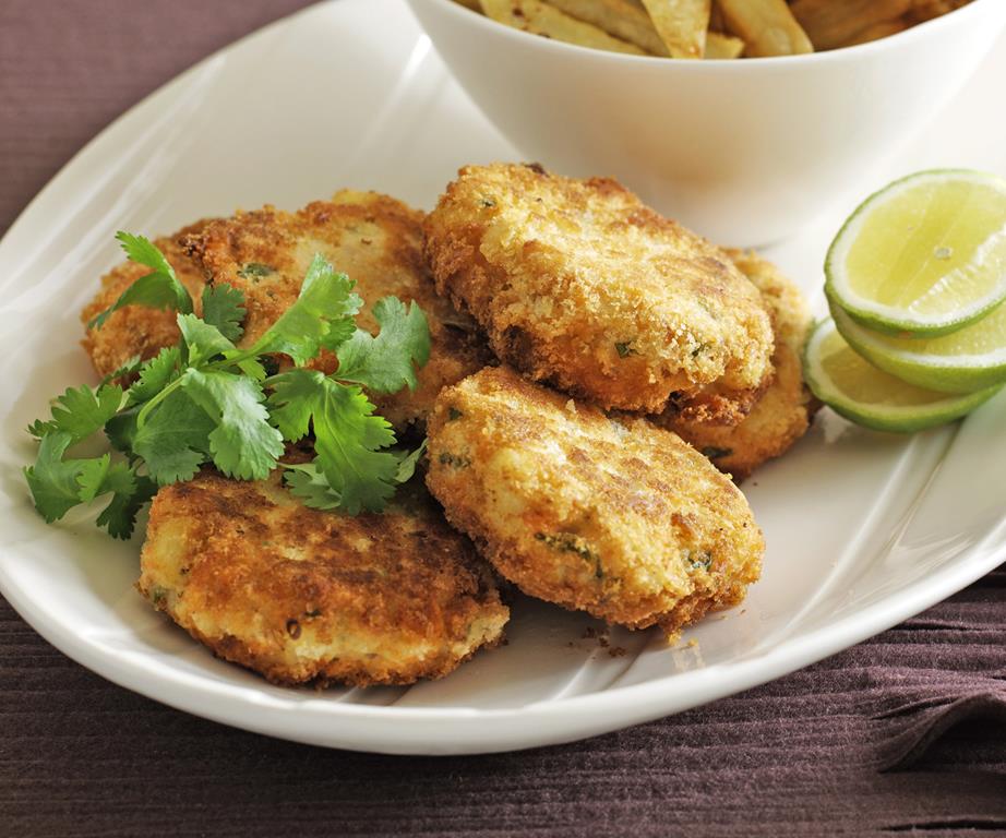 Salmon cakes with chilli salt chips

