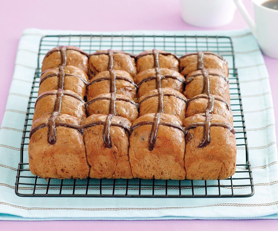 Tray of chocolate topped hot cross buns