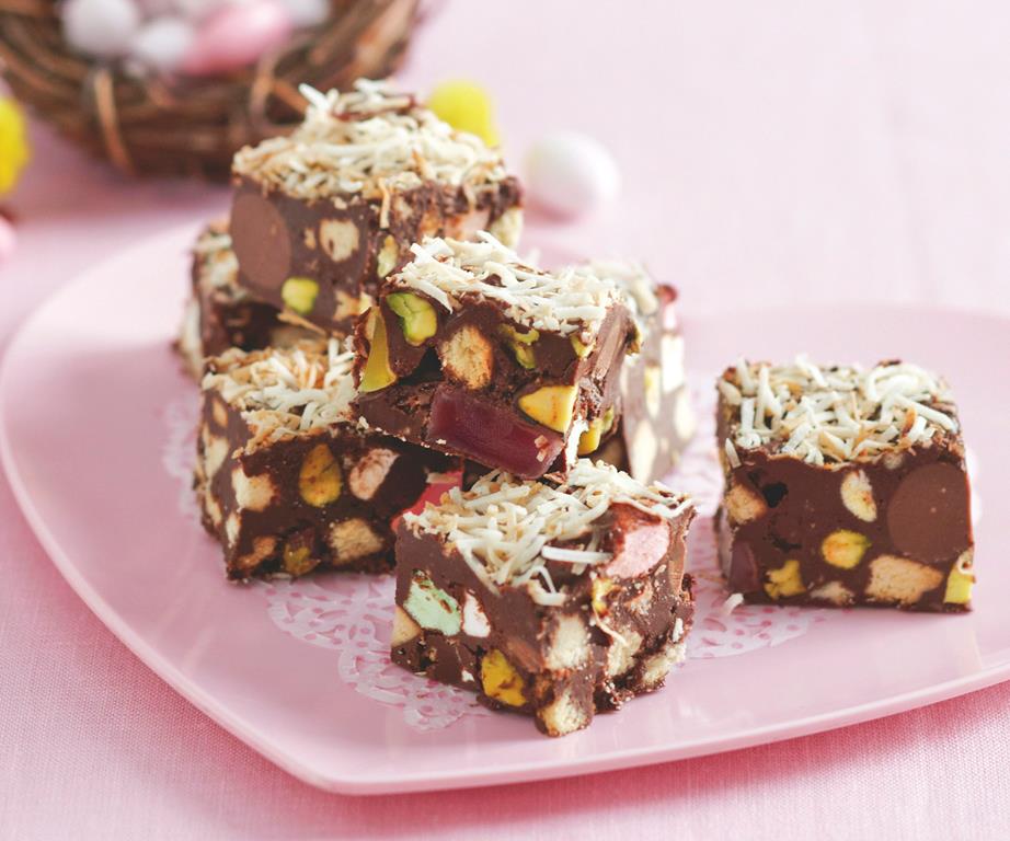 Pink plate with chunks of Easter egg rocky road