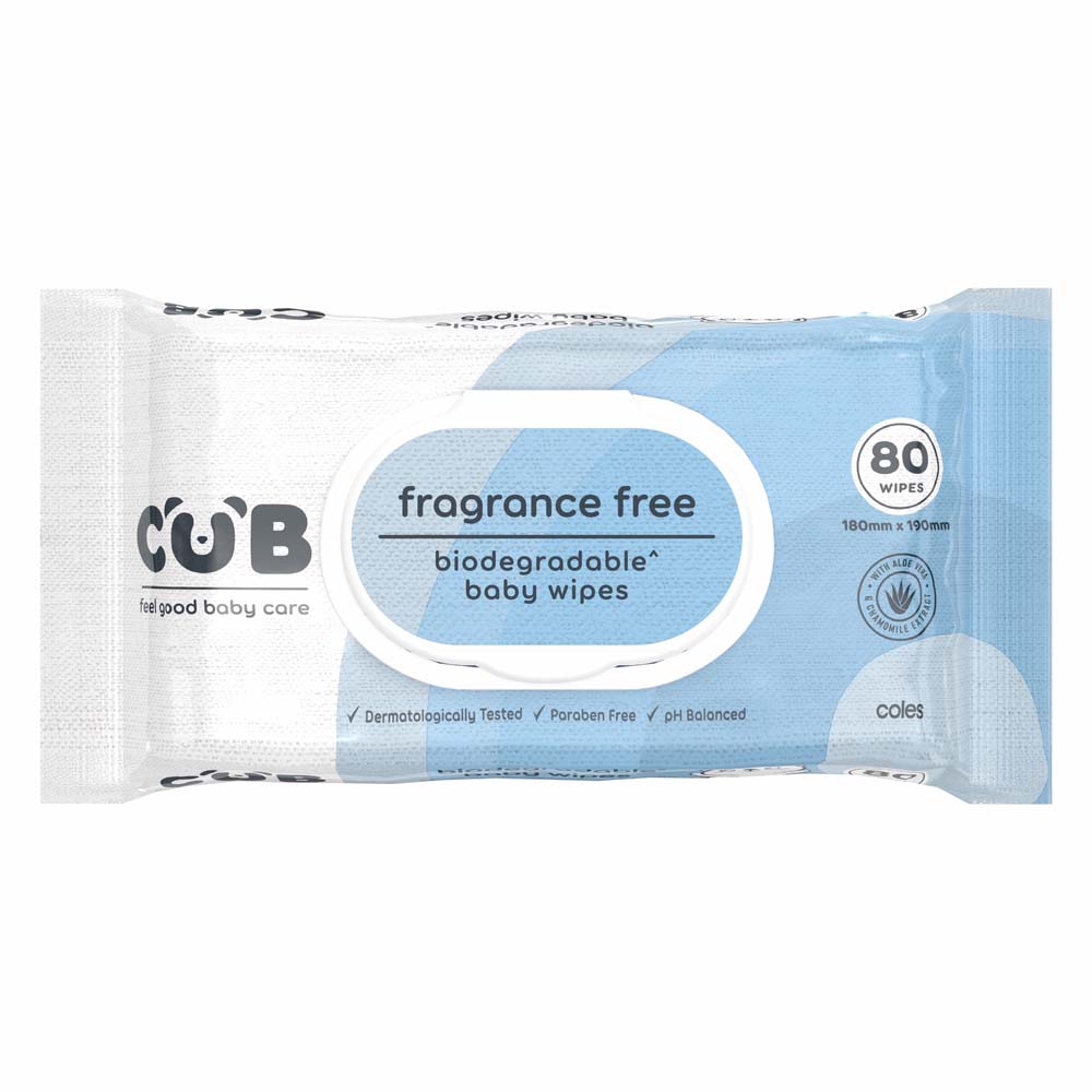 CUB Biodegradable Fragrance Free Baby Wipes 80 Pack
