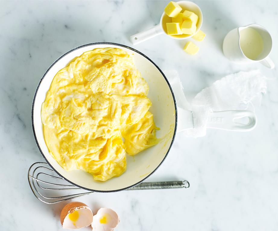 Top down view of a bowl of scrambled eggs