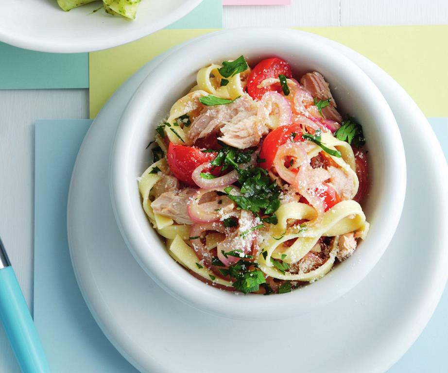 Top down view of a bowl of tuna pasta