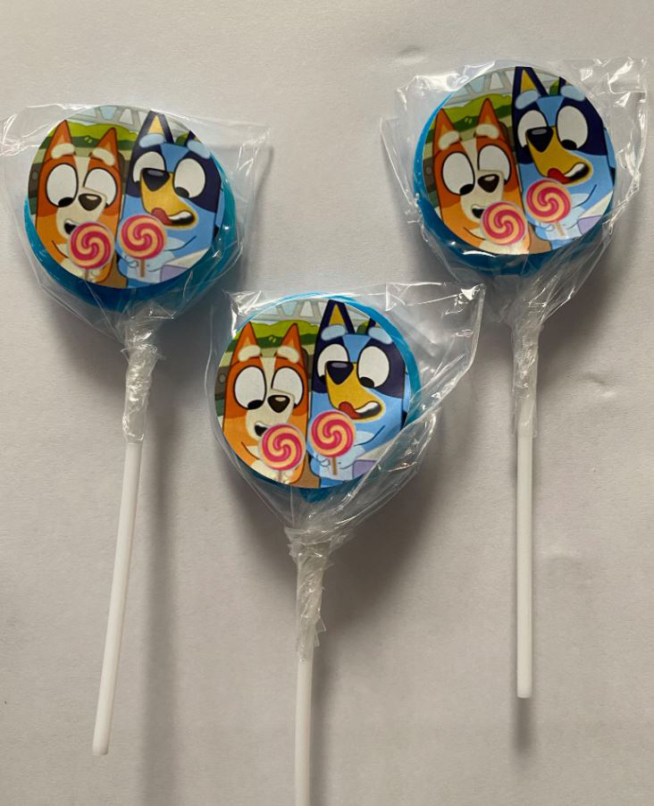 Three individually wrapped flat lollipops with Bluey and Bingo on