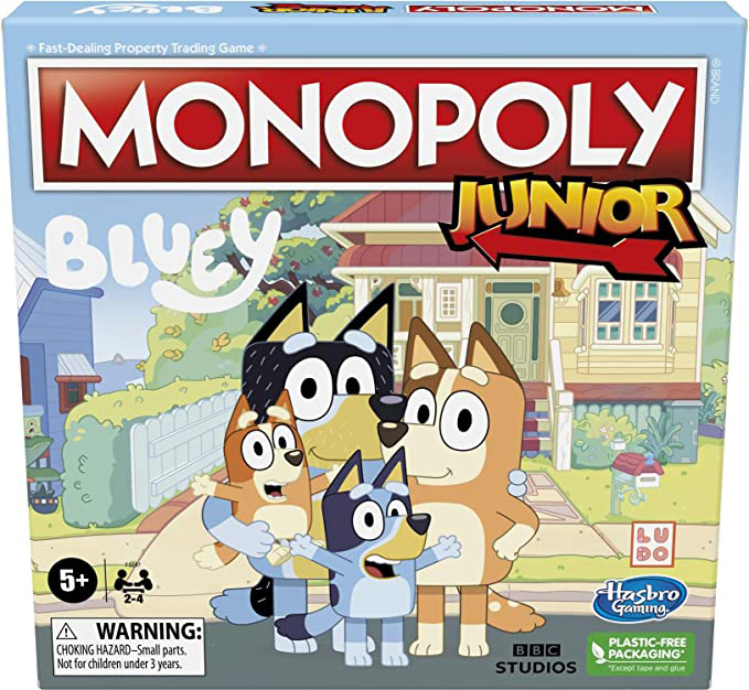 Bluey Monopoly Junior box featuring the four Blue Heelers