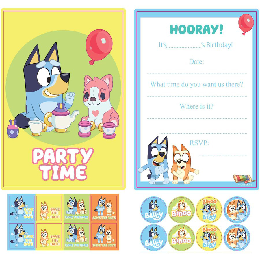 Bluey party invite pack for 8 including save the date sitckers, invitations, envelopes and sticker seals