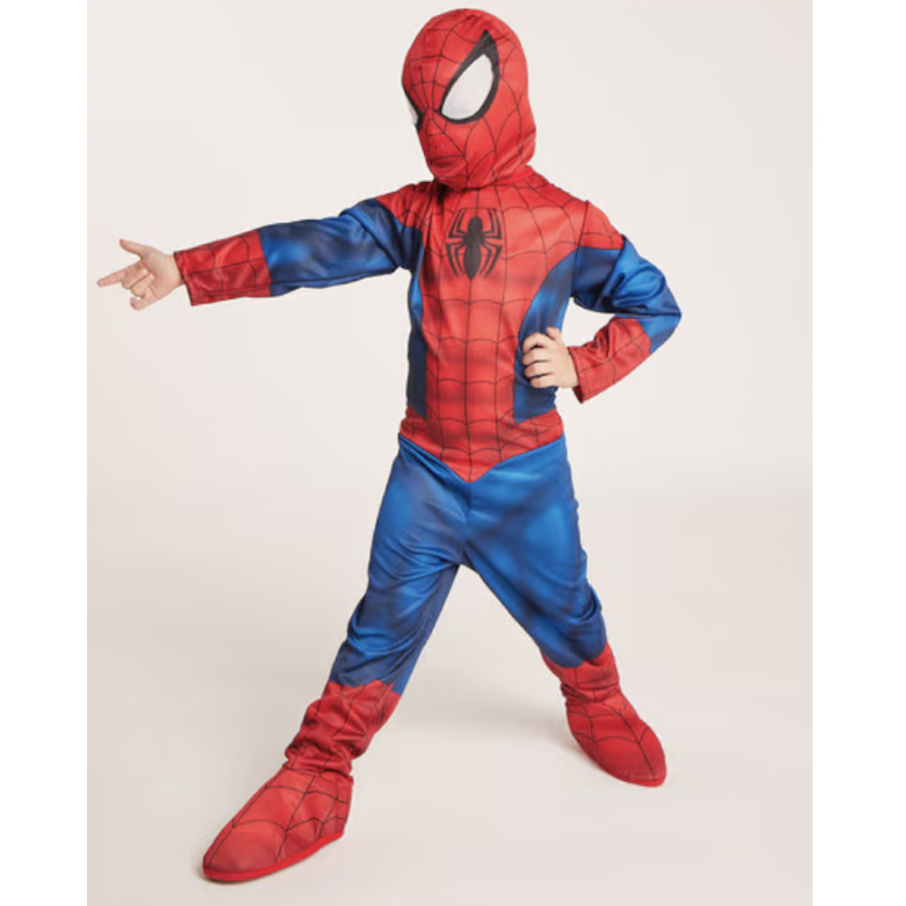 Small child wearing Spiderman costume.