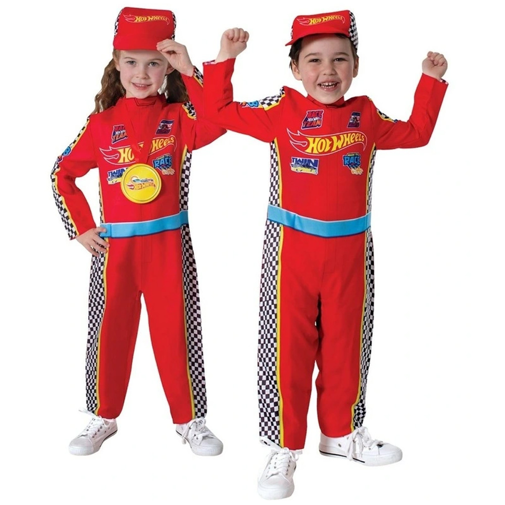 Two small children wearing Hot Wheels Racer costumes