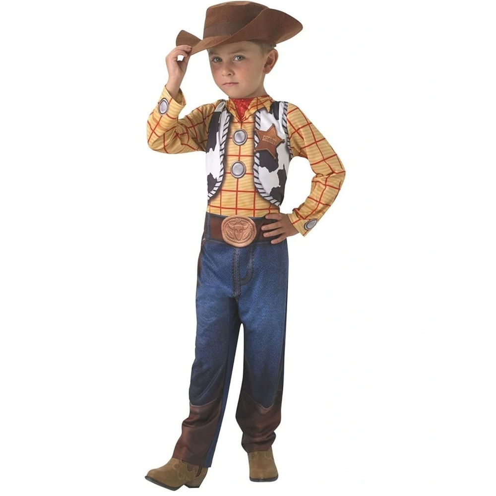 Small child wearing Toy Story Woody costume.