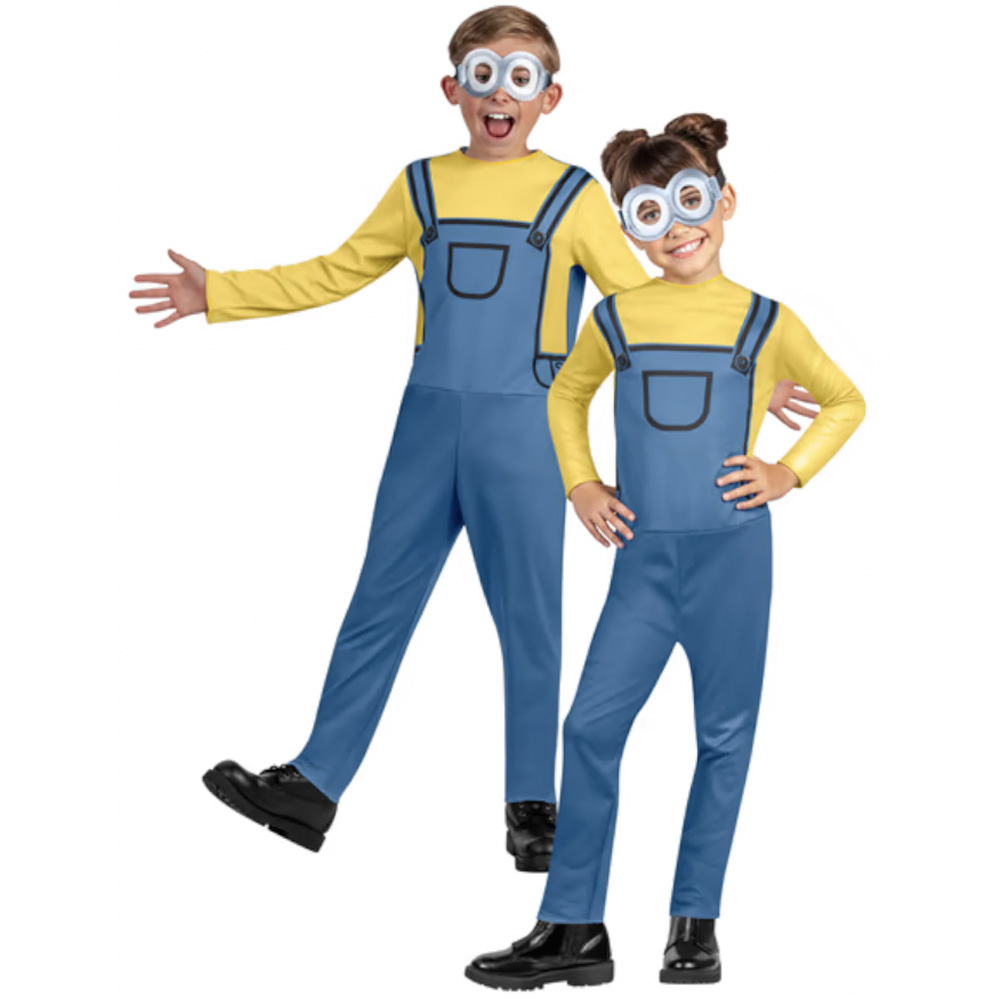 Two small children wearing minions costumes.