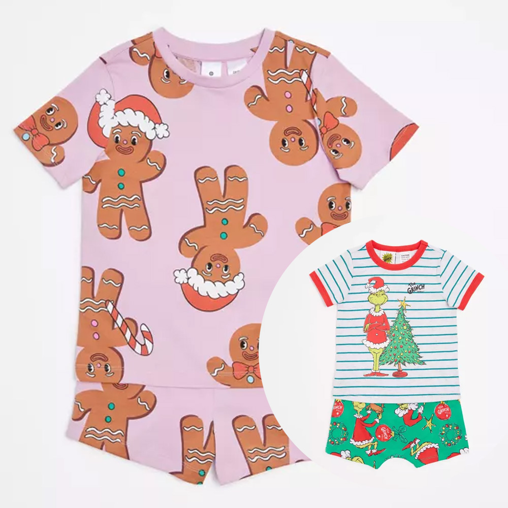 Shortie Christmas pyjamas with gingerbread santas, and the Grinch