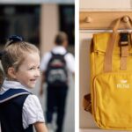 Girl in school uniform with backpack/ Yellow backpack from Hard to Find