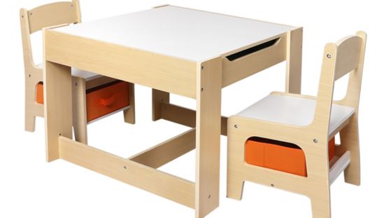 White and neutral wood kids table with two chairs, under-sear storage and a flip top with storage and a blackboard