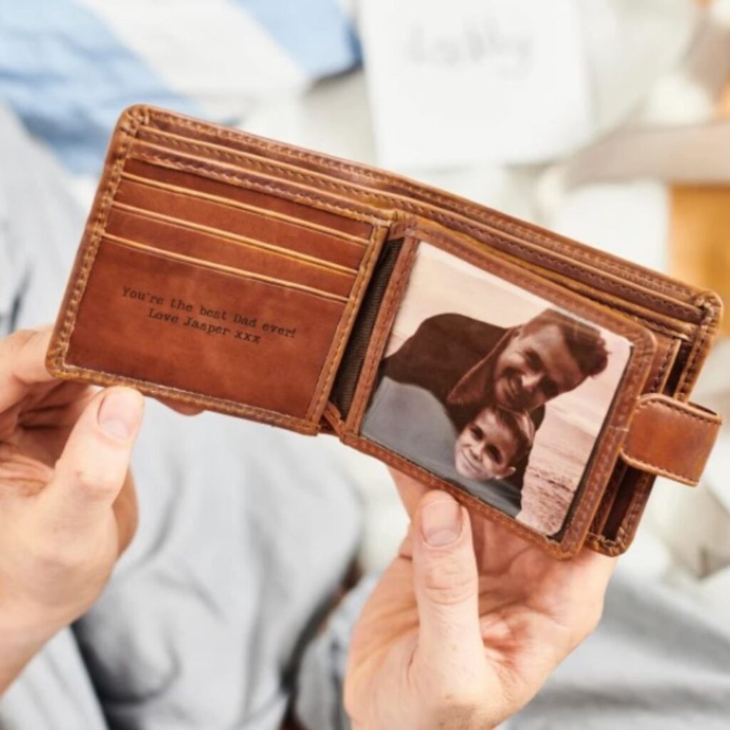 Leather tri fold personalised wallet, $127.50, Vida Vida