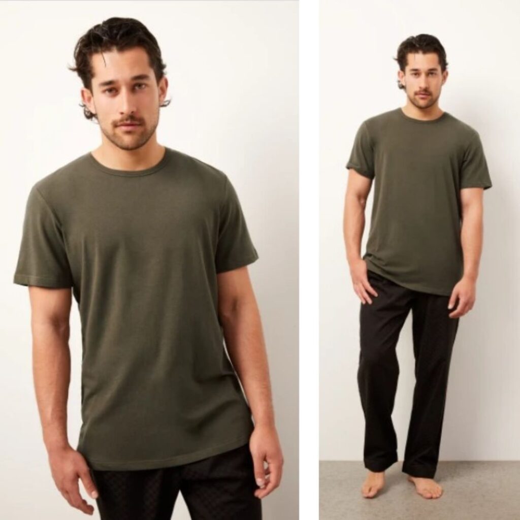 The Sable long pants & olive green t-shirt, $159, Wanderluxe Sleepwear