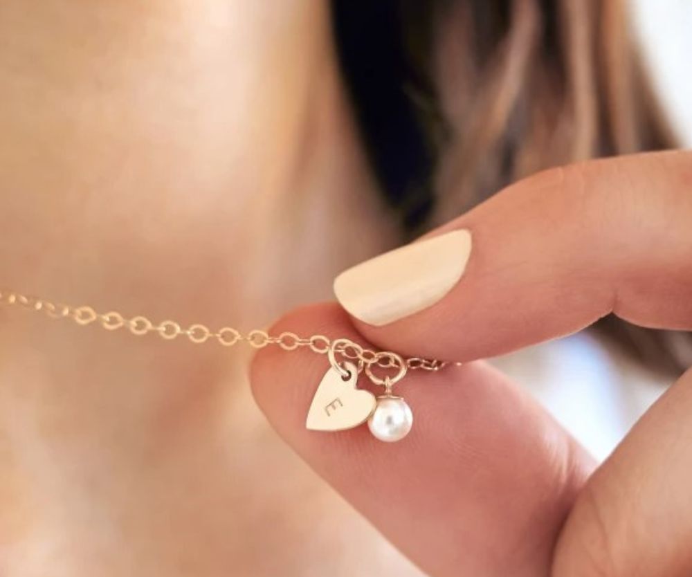 Personalised tiny heart and pearl necklace