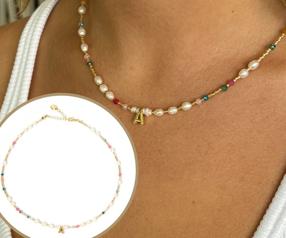 Arms of Eve Beaded Gemstone and Pearl Initial Necklace