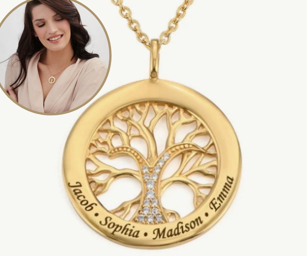 MYKA Family Tree Circle Necklace with Cubic Zirconia in Gold Plating