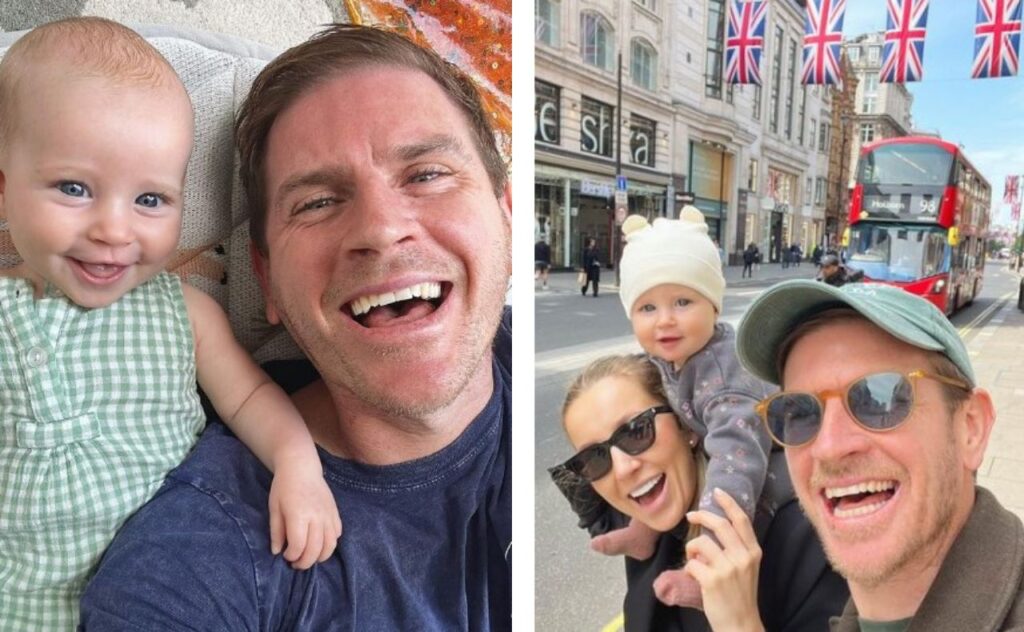 Sam Mac smiles next to daughter Margot; Sam and Bec with Margot on shoulders in London
