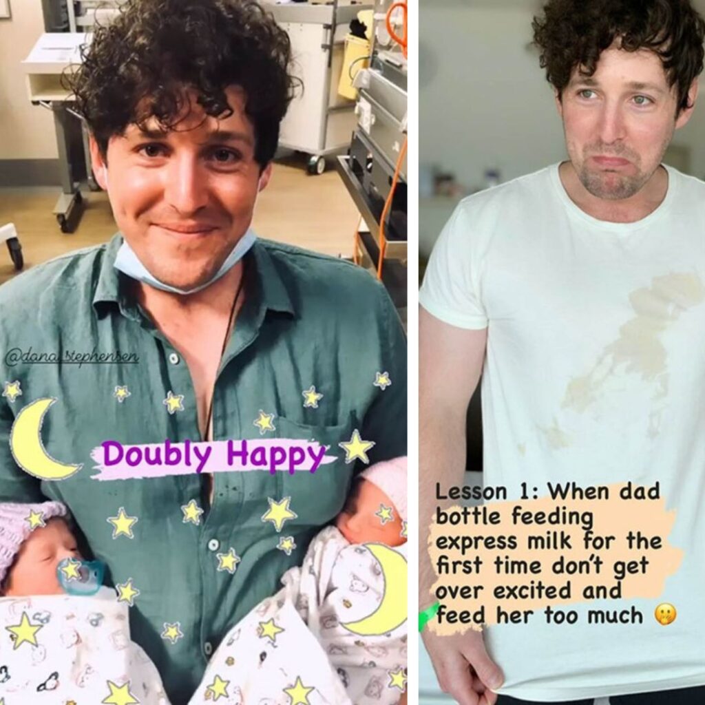 Lachy Wiggle Gillespie with newborn twin girls and covered in baby vomit