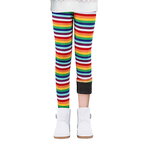 Gyratedream Kids Girls Winter Warm Fleece Leggings Printed Thicken Tight  Trouser,Rainbow Stripe,6-7 Years