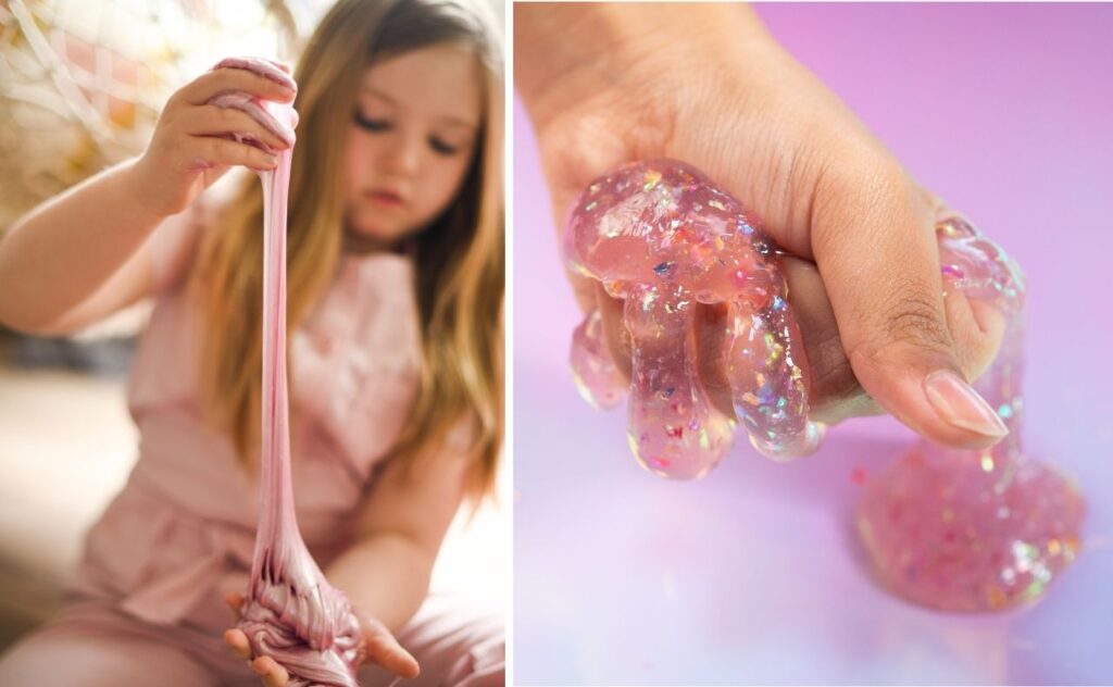 How to make slime: Girl playing with pink fluffy slime. Hand squeezing pink glitter slime