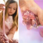 How to make slime: Girl playing with pink fluffy slime. Hand squeezing pink glitter slime