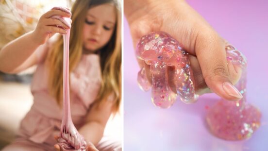 How to make slime: Girl playing with pink fluffy slime. Hand squeezing pink glitter slime
