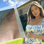 belle lucia wearing a blue and white dress cradling her baby bump plus inset image of her veiny chest
