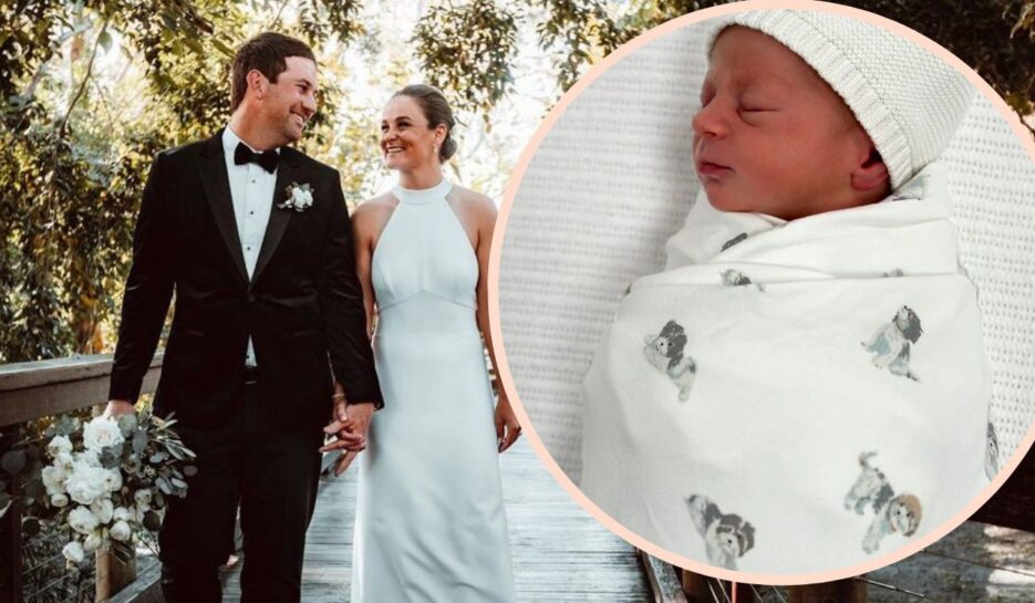 Ash Barty on her wedding day with husband Gary Kissick and inset their newborn baby boy Hayden