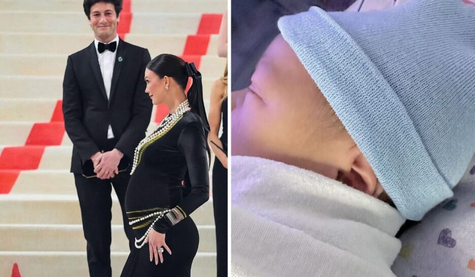 Heavily pregnant Karlie Kloss with husband Joshua Kushner in evening dress, inset their new baby in a blue hat