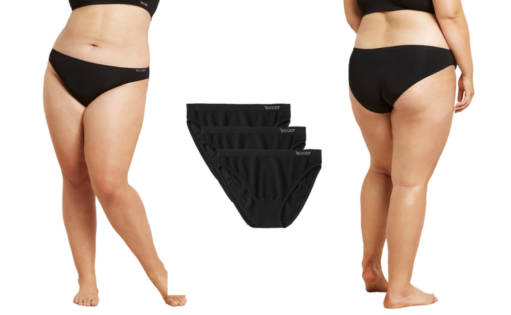 Flatlay of Boody Classic Bikini briefs and front and back view of undies suitable for postpartum
