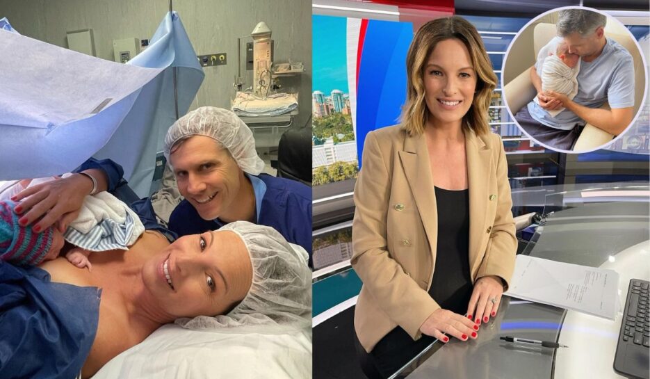 Wendy Kingston in delivery room with husband and newborn baby, inset Wendy in the newsroom