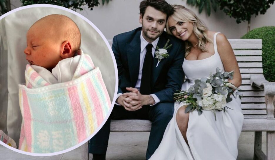 The Project's Jessie Stephens on her wedding day with husband Luca and inset newborn baby girl Luna